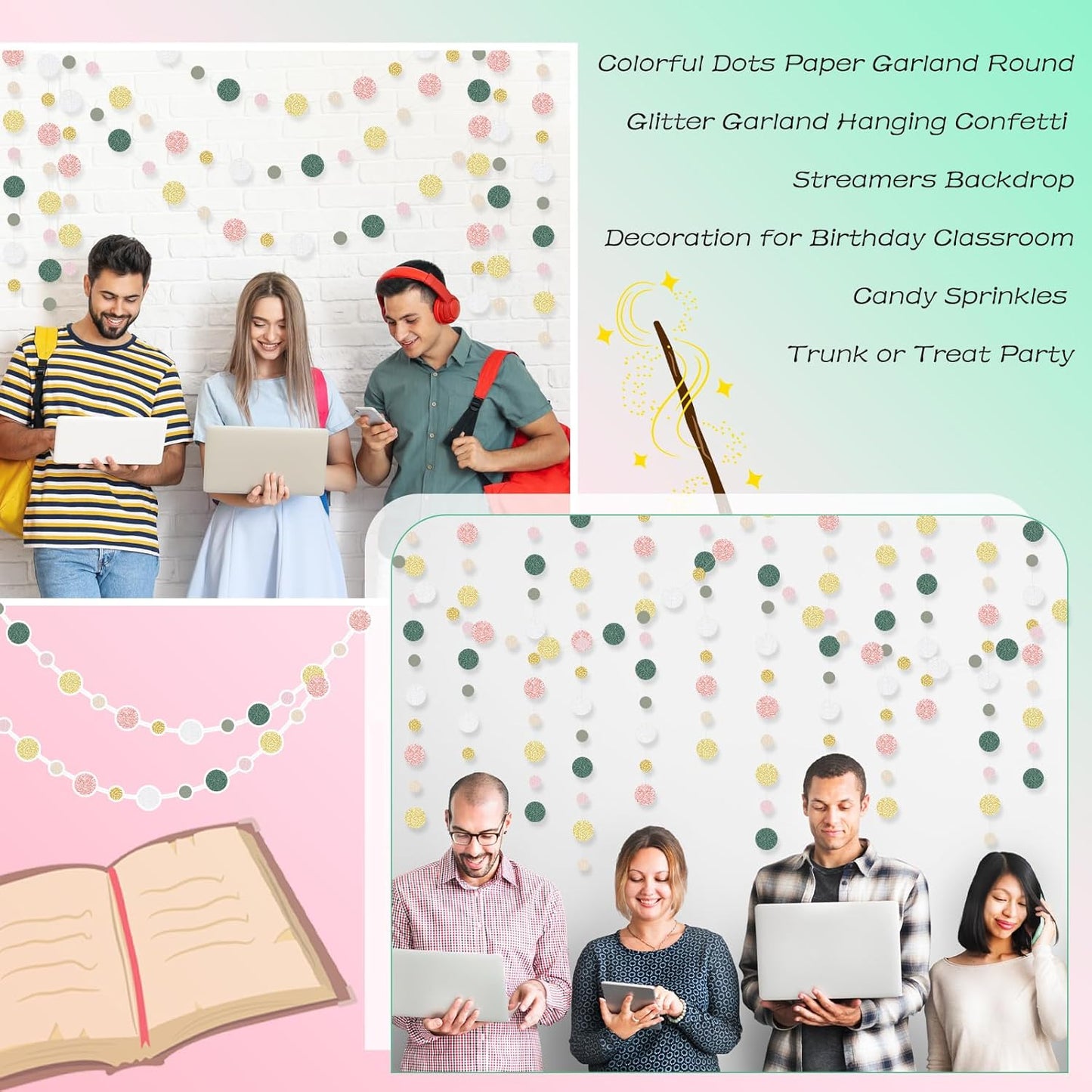 Outus 10 Pieces Colorful Dots Paper Garland Round Glitter Garland Hanging Confetti Streamers Backdrop Decoration for Birthday Classroom Candy Sprinkles Trunk or Treat Party (Sage Green,Pink,Gold)
