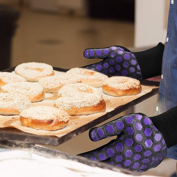 J H Heat Resistant Oven Glove:EN407 Certified 932 °F, 2 Layers Silicone Coating, Oven Mitts for Cooking, Kitchen, Fireplace,Camping, Grilling (Black/Purple, Regular Cuff)