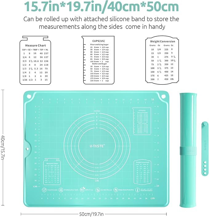 U-Taste 600ºF Heat Resistant Food Grade Extra Long Silicone Spatula 1 Piece, and 20inx16in Large Silicone Pastry Mat Food-Grade Non-Stick Dough Rolling Mat (Aqua Sky)