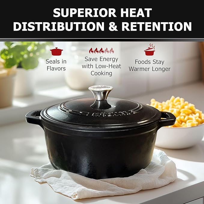 MUELLER HOME 4.5 QT Enameled Cast Iron Dutch Oven, Heavy-Duty Casserole Dish and Braiser Pan with Lid and Stainless Knob, Oven-Safe up to 500° F & Across All Cooktops, Black