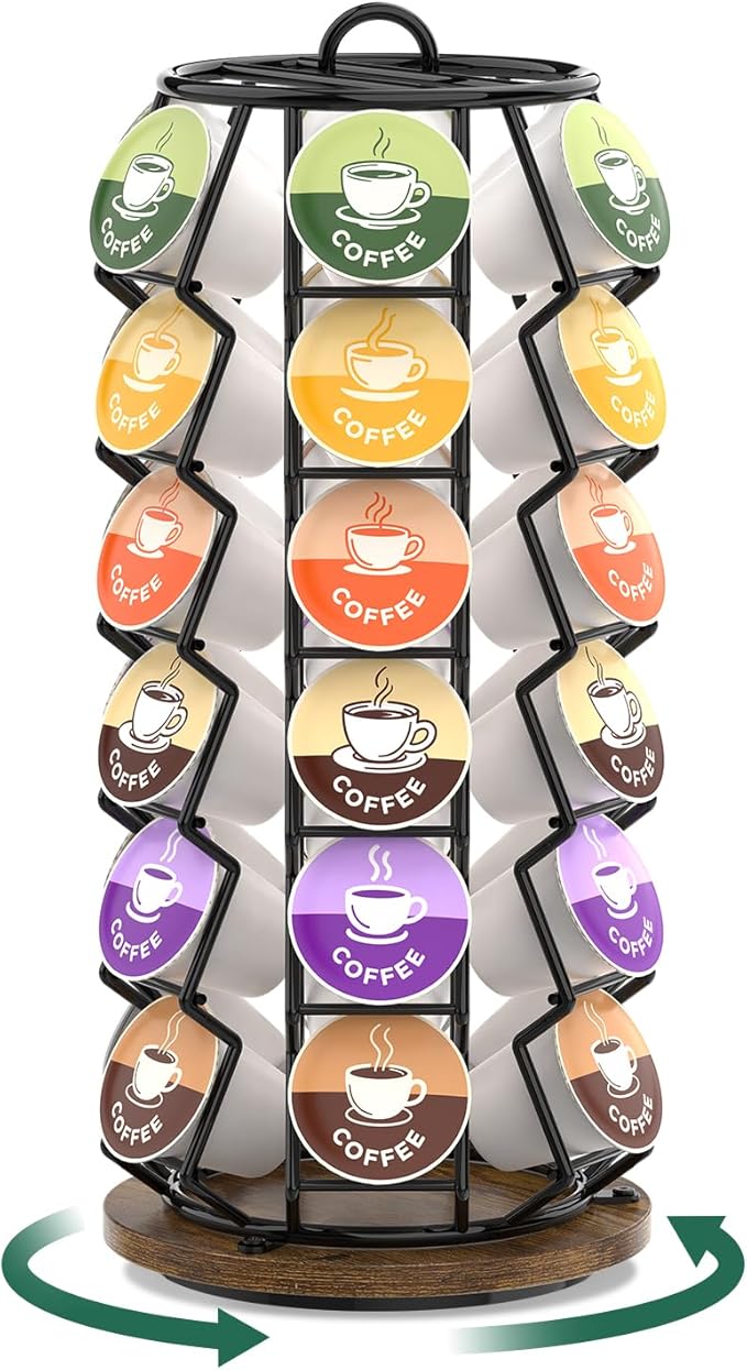 EsLuker.ly K Cup Coffee Pod Holder Organizer Carousel for Counter, Rotating Metal Rack Stand Small for 36 Pods Home Office Kitchen Storage, No Assembly Required, Black