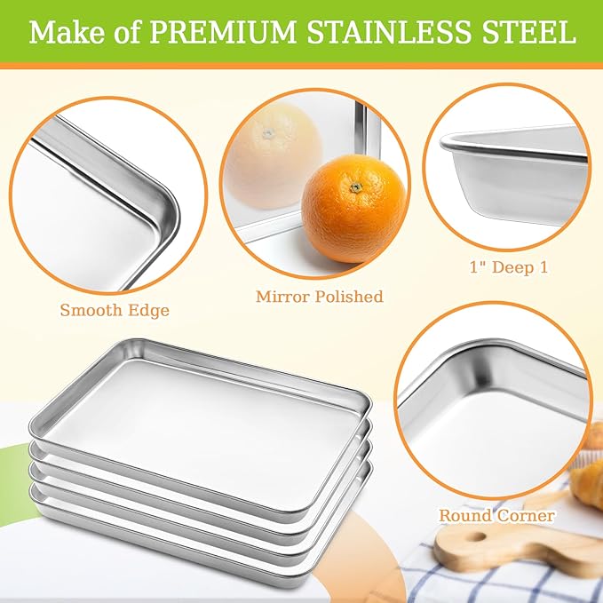 CEKEE Baking Sheet Set of 4, Stainless Steel Cookie Sheet & Baking Pan Tray, Toaster Oven Tray, Baking Pan Set, Rectangle Size 16 x 12 x 1 inch, Non Toxic, Mirror Finish & Rust Free, Dishwasher Safe