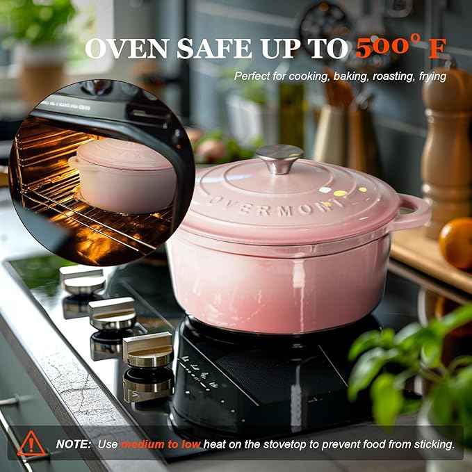 Overmont Enameled Cast Iron Dutch Oven - 4.5QT Pot with Lid Cookbook & Cotton Potholders - Heavy-Duty Cookware for Braising, Stews, Roasting, Bread Baking pink