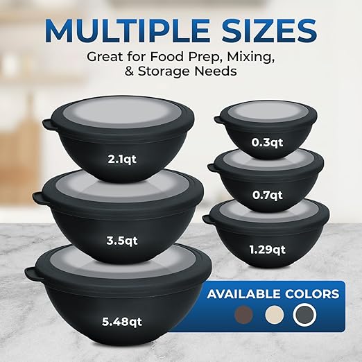 Bakken Master 12 Piece Plastic Nesting Bowls with Lids - Mixing Bowls Set includes 6 Prep Bowls and 6 Lids, BPA-Free, Reusable Meal Prep Containers, Microwave, Freezer & Dishwasher Safe, Gray
