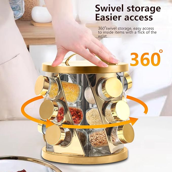 Portable Stainless Steel Spice Rack with 20 Spice Jars Included Revolving Spice Organizer for Kitchen Tower Storage Rack for Spices and Seasoning Gold
