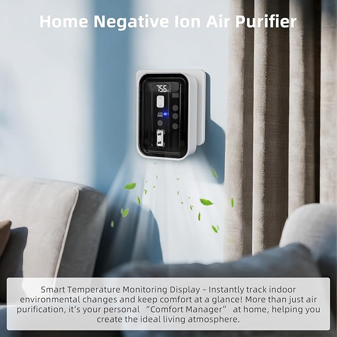 Plug-In Air Ionizers & Ionic Air Purifier,Negative Ion Generator, with Temperature Display,Ozone Free Filterless Odor Eliminator, Pet & Litter Box Deodorizer, Quiet Bedroom/Kitchen/Bathroom Freshener