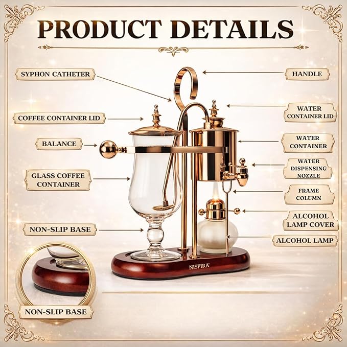 Nispira Belgium Royal Family Balance Syphon Unique Gravity Vintage Coffee Maker Vacuum Brewing System Copper 500 ml