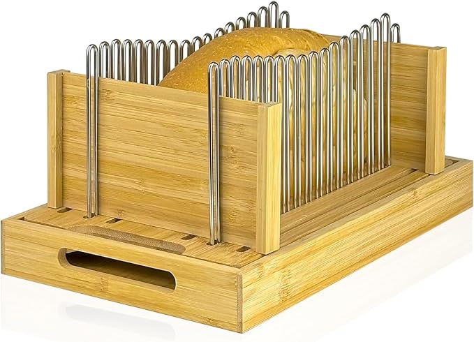 Bamboo Bread Slicer for Homemade Bread by Forest Manor - Adjustable Width Stainless Steel Slicing Guides & Crumb Tray -Sourdough Bread, Cakes, Loaves, Bagel Slicer - Kitchen Baking Tools & Gifts