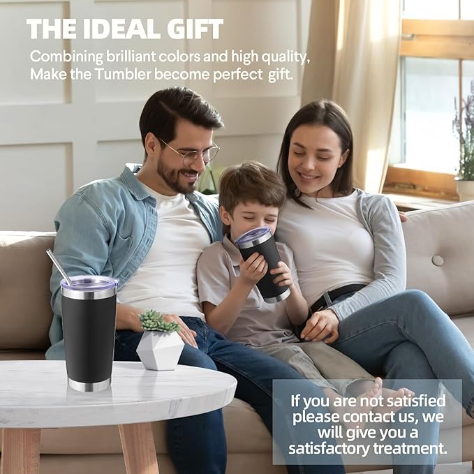 Volhoply 20oz Stainless Steel Tumbler with Lid and Straw Bulk 4 Pack,Double Wall Insulated Travel Iced Coffee Mug Fits Cup holder,Powder Coated Cups for Hot/Cold Drinks,Christmas Gifts（Black,4 Set）