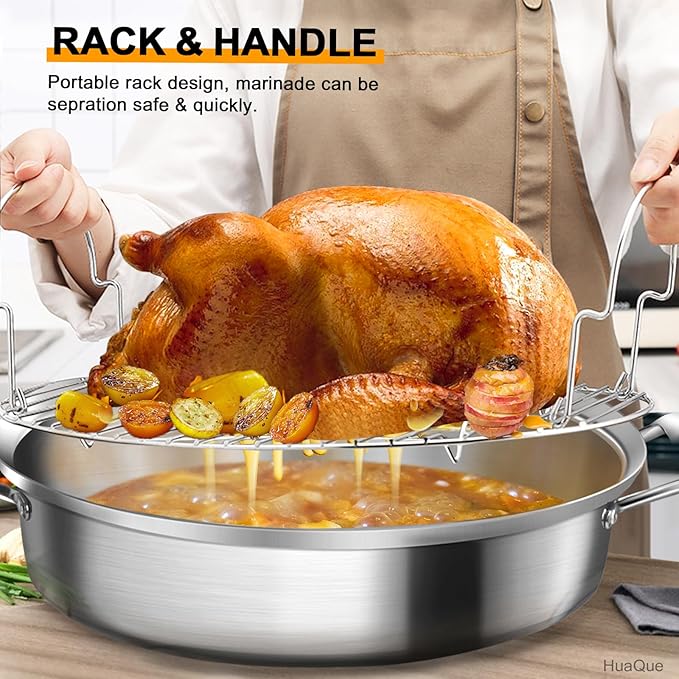 Large Roasting Pan with Rack and Lid, Gifts for mom women wife, Stainless Steel Large Oval Roaster, Nonstick Oven Cookware for Turkey Chicken, 21 Inch