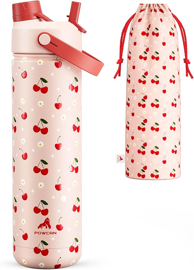POWCAN 26 oz Insulated Water Bottle with 2-in-1 Straw and Spout Lid, Keep Cold 24H, Leak-Proof, Fits in Car Cup Holder, Stainless Steel Water Bottle for Sports, Travel, Gift and School (Cherry Meadow)