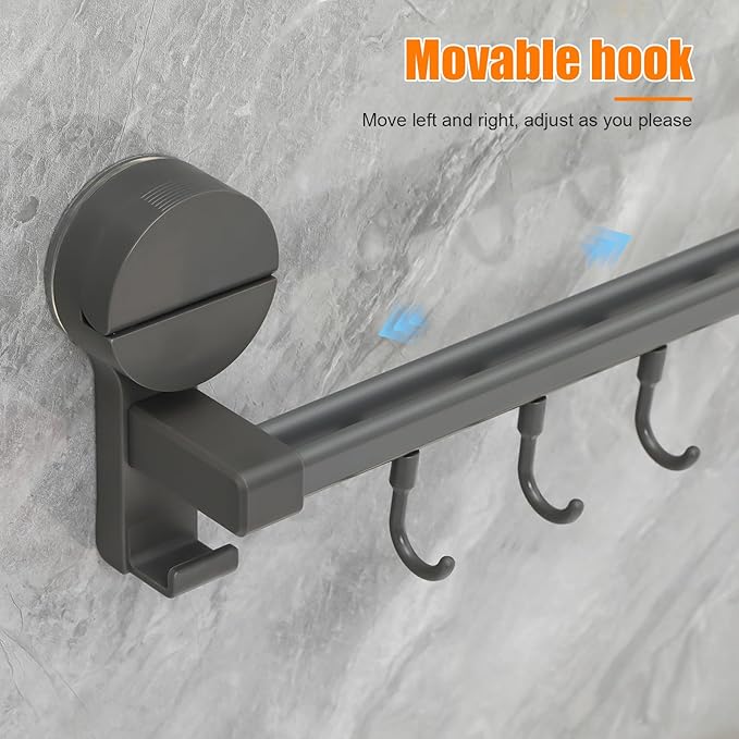 No Drill Kitchen Utensil Rack with 10 Hooks : Wall Mounted Suction Cup Holder for Hanging Spoons Towels Tools - Adjustable Double Rod Organizer for Kitchenware Storage