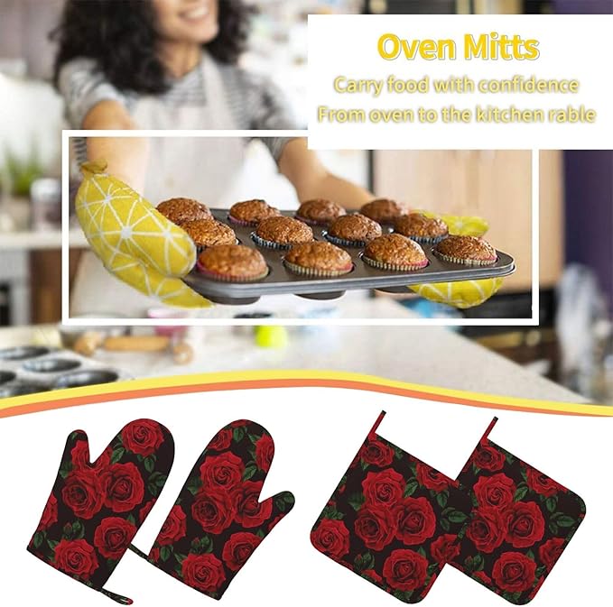 Red Black Rose Flower Oven Mitts and Pot Holders Sets of 4, Heat Resistant Silicone Oven Mittens and Potholders Gloves Hot Pads for Kitchen Cooking Baking Grilling BBQ Chef