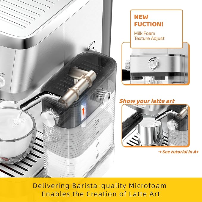 MAttinata CM1633 Cappuccino Machine 20 Bar, Professional Espresso Machines with Automatic Milk Frothering, Barista Compact Latte Maker for Home, with Pressure Gauge for Coffee Lovers, Stainless Steel