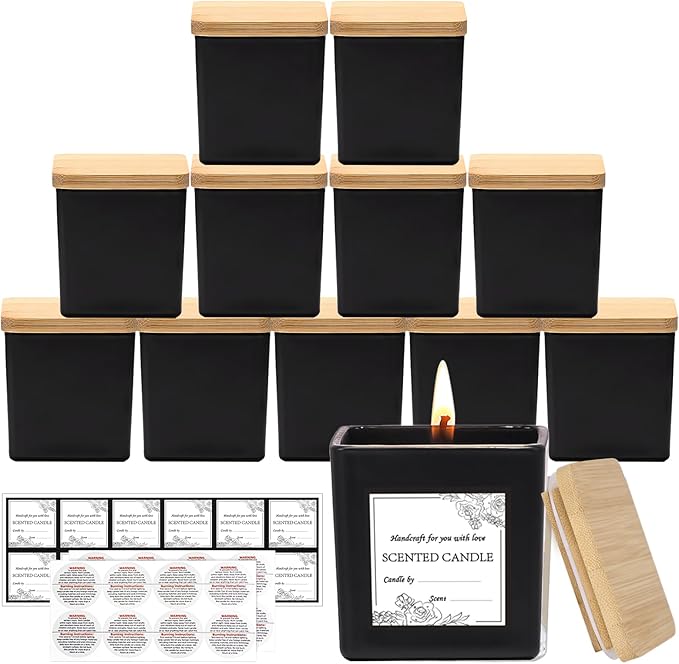 CONNOO 12 Pack 9 OZ Matte Black Square Candle Jars for Making Candles, Thick Glass Bulk Empty Candle Containers with Airtight Bamboo Lids for Candle Making, Sticky Warning Labels - Dishwasher Safe