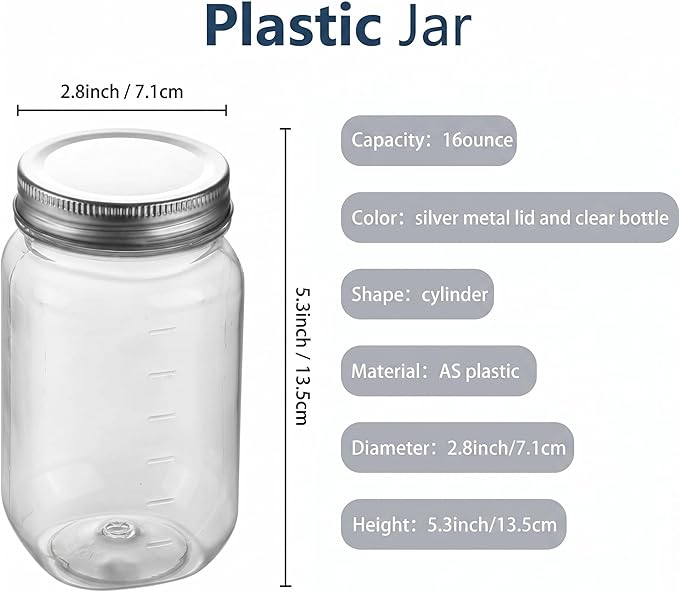 novelinks 16 oz Clear Plastic Jars with Lids, Refillable 16oz Mason Jars with Lids & Storage Containers for Kitchen & Household Use (5 Pack,Silver)