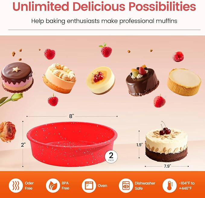 SJ 8 Inch Silicone Round Cake Pan with Metal Reinforced Frame Set of 2, Nonstick Silicone Cake Mold for Baking Suitable for Making Layers, Cheese & Chocolate Cakes for Christmas