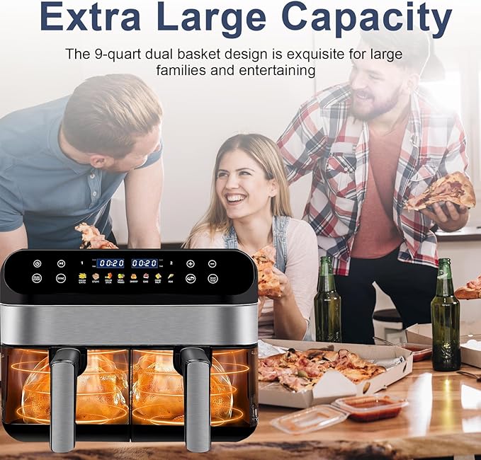 9.5 Quart Air Fryer Oven, Dual Zone 2-Basket, LED Touchscreen, Match Cook & Smart Finish to Roast, Broil, Dehydrate & More for Quick, Great for Family Meals