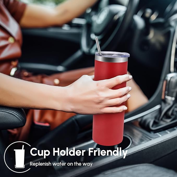 Volhoply 8 Pack Skinny Tumblers with Lid and Straw, 20oz Stainless Steel Straight Tumbler Bulk, Vacuum Insulated Coffee Mug for Home, Office, Travel, DIY (Red,8 Pack)