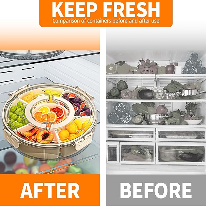Small Divided Serving Tray with Lid and Handle, Stackable Snackle Box Container for Fruits Candy Organizer, Portable Spinning Rounded Veggie Tray for Kitchen, Party, Trave and Picnic-1 Pack