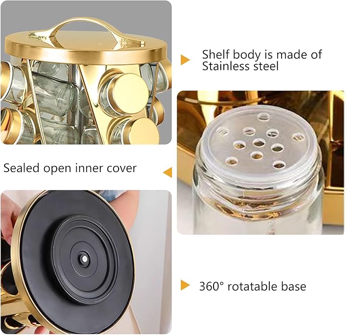 Portable Stainless Steel Spice Rack with 20 Spice Jars Included Revolving Spice Organizer for Kitchen Tower Storage Rack for Spices and Seasoning Gold