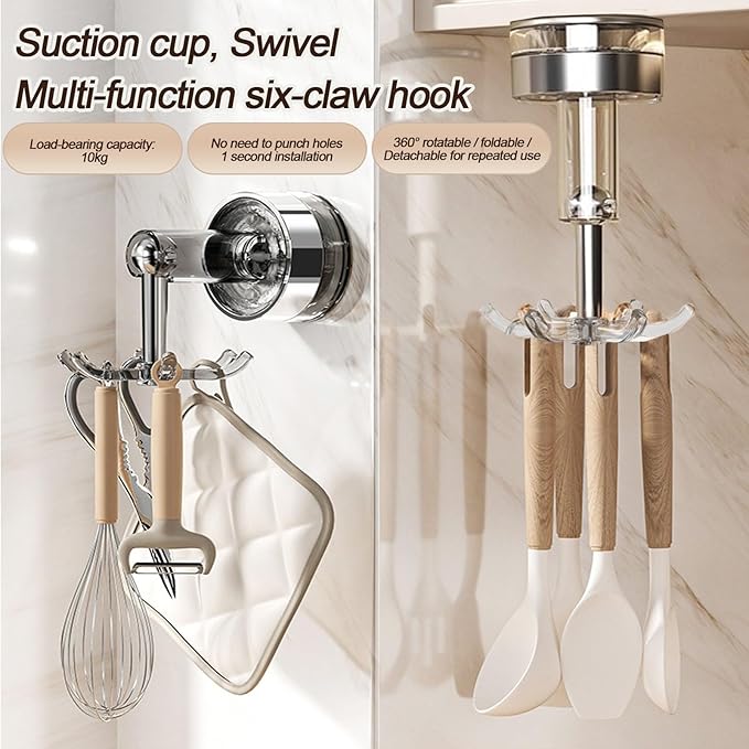 MFMYEE Kitchen Suction Cup Hook, 360 Degree Rotating Storage with Multiple Claws, Punch-Free Organizer, Shower Suction Cup with 6 Hooks (Transparent)