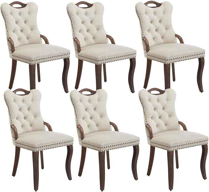 Beige Velvet Dining Chairs Set of 6，Modern Upholstered Dining Room Chairs with Tufted Back and Wood Accents, Curved Solid Wood Legs & Nailhead Trim, Sillas De Comedor Modernas 6