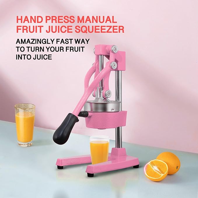 Commercial Heavy Duty Cast Iron Hand Press Manual Orange Citrus Lemon Lime Grapefruit Pomegranate Fruit Juice Squeezer Machine with Stainless Steel Cup Pink
