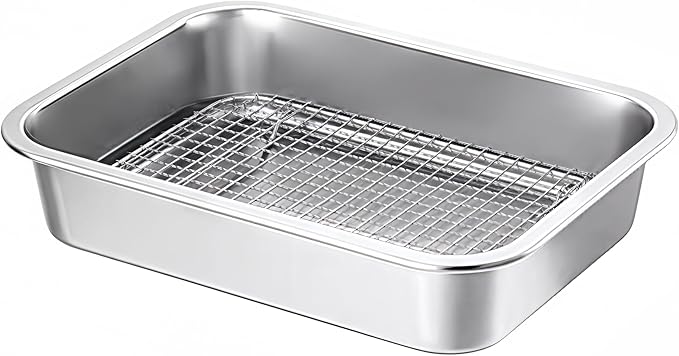 Stainless Steel Sturdy Roasting Pan with Cooling Rack – Oven, Toaster & Grill Safe, Deep Edge, Smooth Finish, Dishwasher Safe – Perfect for Turkey, Chicken, BBQ (12.4x8.5x2.8in)