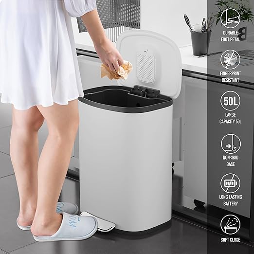 13 Gallon/50L Trash Can with Foot Pedal, Stainless Steel Garbage Can with Soft-Close Lid, Exquisite Oval Cover Garbage Bin Hands-Free for Kitchen, Living Room, Bathroom, Office, Commercial