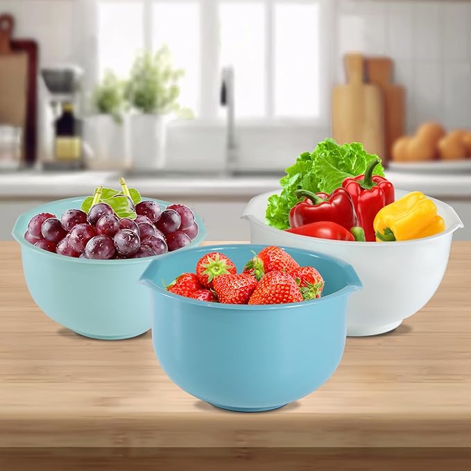 Set of 3 Mixing Bowls with Pour Spout-Nesting Design Saves Space - Non-Slip, BPA Free, Dishwasher Safe Plastic - Kitchen Cooking and Baking Supplies (Blue)