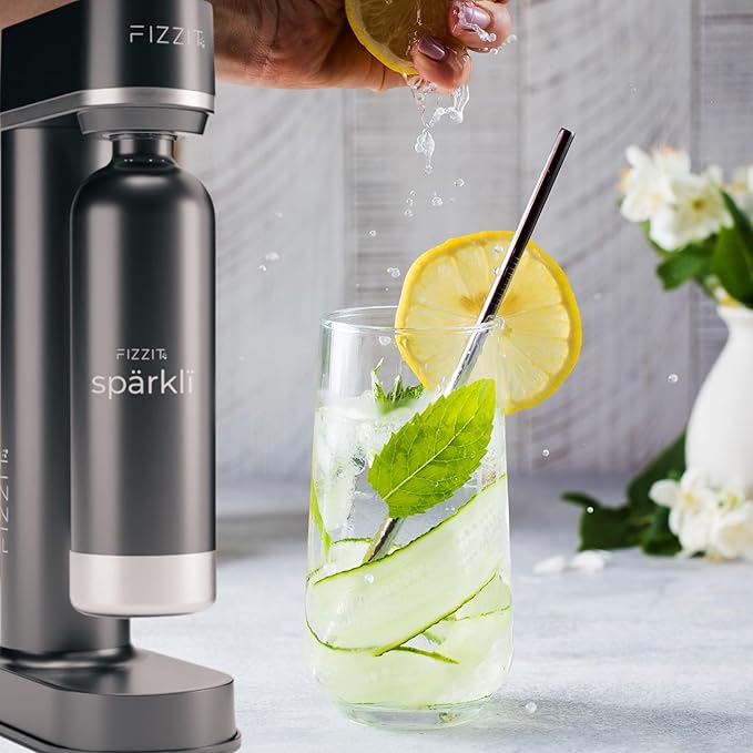 Fizzit Spärklï Stainless Steel Sparkling Water Maker with 2 CO2 Cylinders & 1L Reusable Bottle – Soda Streaming Machine Carbonated Water Maker for Home – No Electricity Needed, Dishwasher Safe