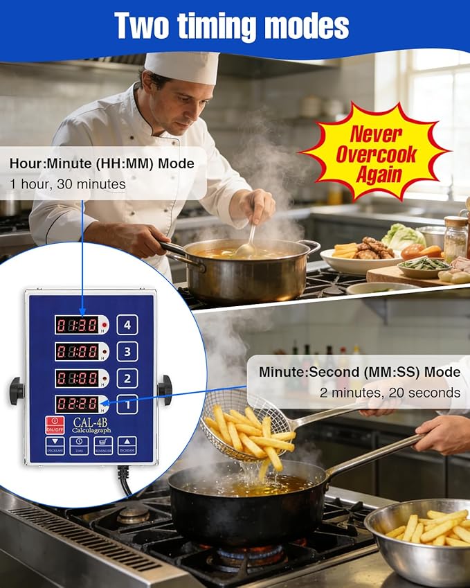 Commercial Kitchen Timers for Cooking, 4-Channel Timer for Commercial Kitchens, Heavy-Duty Loud Alarm Timer for Restaurants, Stainless Steel, LED Technology