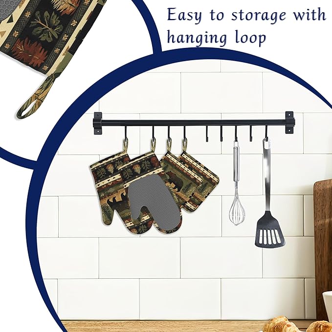 Oven Mitts and Pot Holders Sets Rustic Bear Silicone Kitchen Mits Potholders Cabin Forest Mountain Heat Resistant 4Pcs Oven Gloves Hot Pads for Baking Cooking BBQ Grilling Home Decor