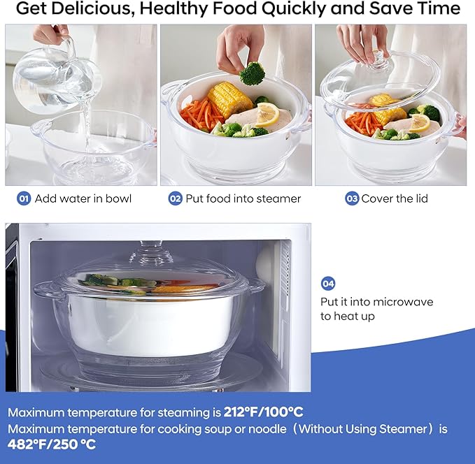 Glass Microwave Steamer for Vegetables, Broccoli, Fish & Food – Oven Safe Steamer Bowl for Cooking, BPA-Free, Odorless & Dishwasher Safe（2.5L）