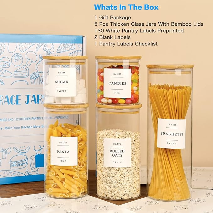 HHMJSM 5 Pcs Glass Food Storage Containers With 132 Pantry Labels Preprinted - Thicken(3mm) Jars Airtight Bamboo Lid Stackable Kitchen Canisters Set For Candy, Cookie, Rice, Sugar, Flour