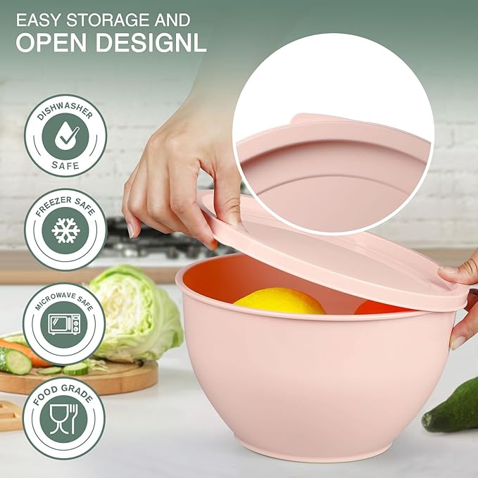 Greentainer Plastic Mixing Bowls with Lids Set for Kitchen, 5 Set Nesting Bowls for Mixing, Baking, Prepping, Cooking and Serving Food, Mixing Bowls Dishwasher, Microwave Safe
