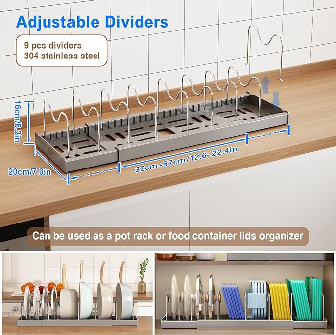 Mustorn Pots and Pans Organizer Under Cabinet, 22" Expandable Food Storage Container Lid Organizers with 9 Adjustable Dividers Pot and Pan Lid Holders Rack Inside Cabinet/Countertop(1 Pack, Gray)