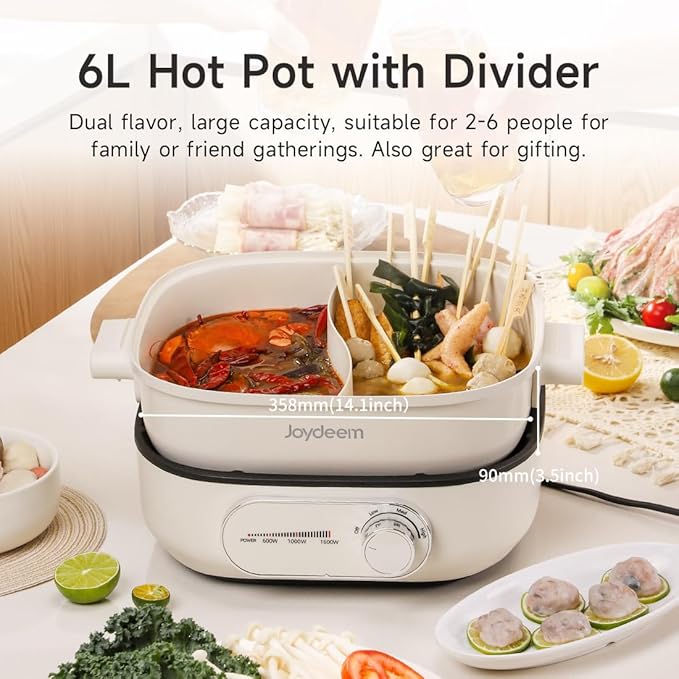 Joydeem Electric Hot Pot with Divider, 6L/6.3 qt Double-Flavor Shabu Shabu Pot, UL Listed & Boil-dry Protection, Suitable for 2-6 People, DHG-B600