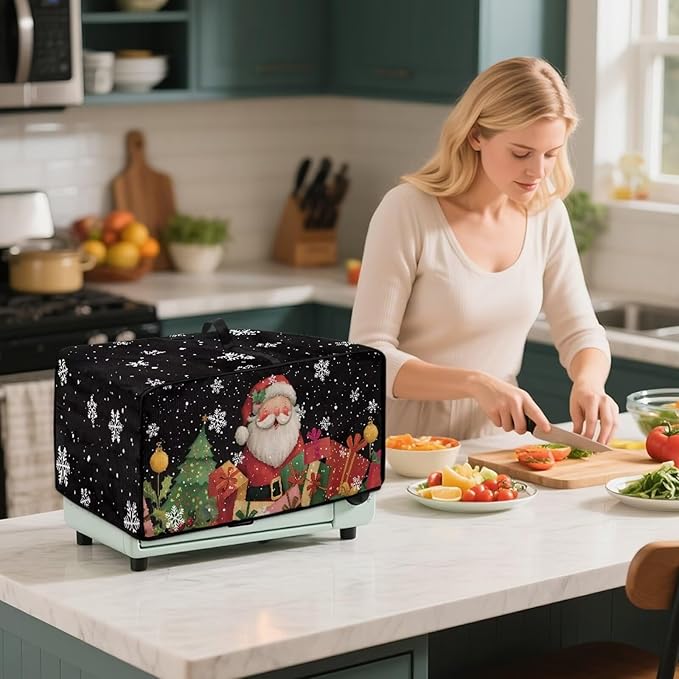 Toaster Oven Cover Dust-Proof Countertop Convection Oven Cover Protective Smart Microwave Oven Accessories and Decor, S, Santa Claus Snowflake Black Christmas Decor