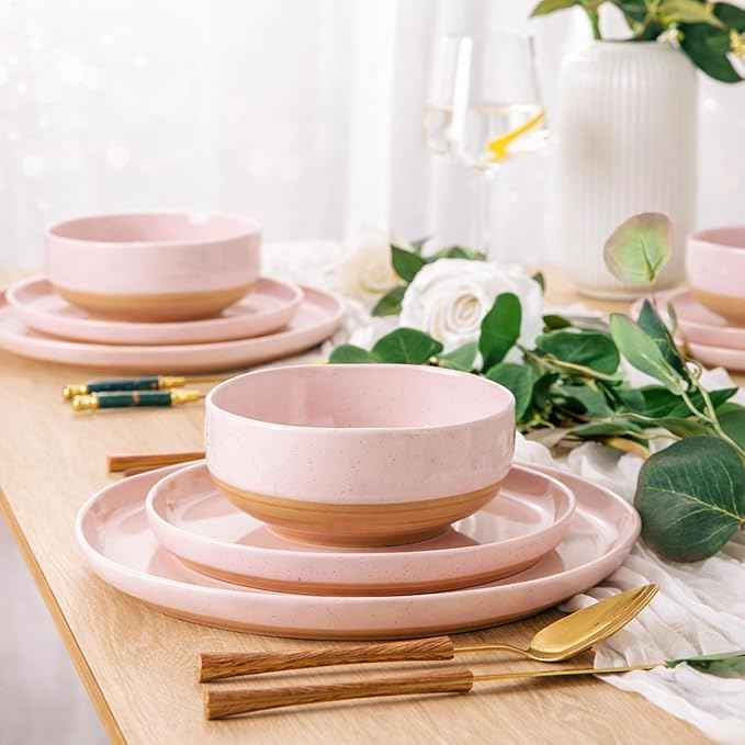AmorArc Ceramic Dinnerware Sets for 8, 24 Pieces Handpainted Speckled Plates and Bowls Set with Rustic Terracotta Underside, Scratch Resistant Stoneware Dishes Set, Dishwasher & Microwave Safe, Pink