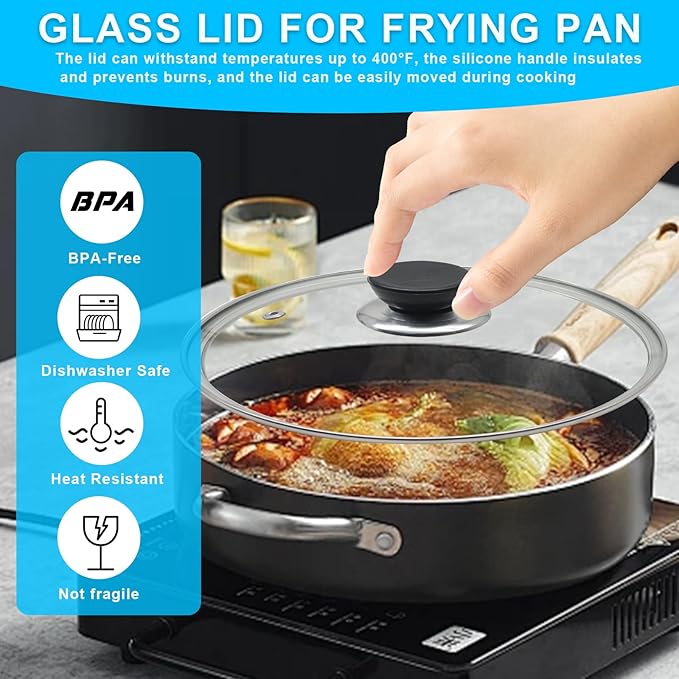 Glass Lid for Frying Pan Tempered Glass Pot Lid with Stainless Steel Rim for 8 Inch Frying Pan Wok Pot Skillet (8 Inch)