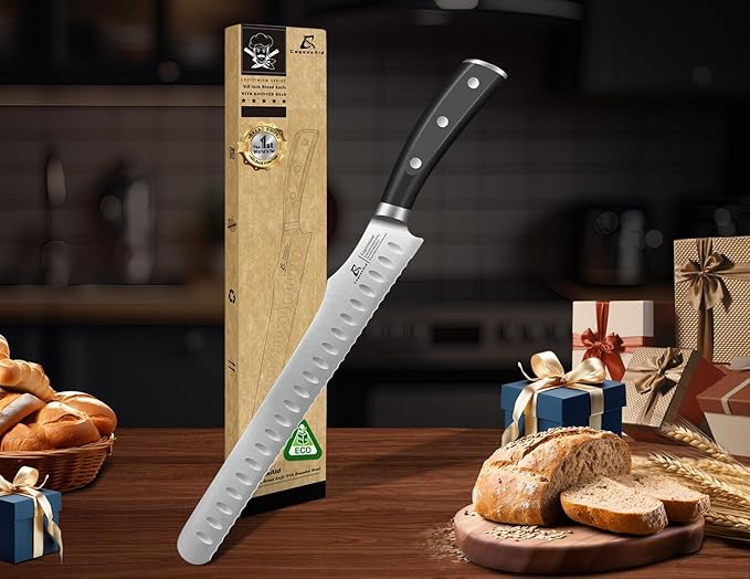 CoquusAid Bread Knife for Homemade Bread, 9 Inch Multifunction Serrated Knife, Razor Sharp Slicer, High Carbon German Steel Bread Cutter, Ergonomic Handle Design for Sourdough Turkey Fruit Cutting