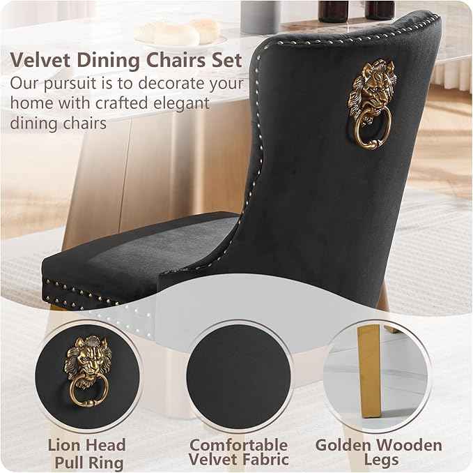 Velvet Dining Chairs Set of 2, Modern Tufted Dining Room Chair, Upholstered Dining Chairs with Lion Head Pulls Ring and Golden Solid Wood Legs, Luxury Kitchen Chairs for Dining Room, Black