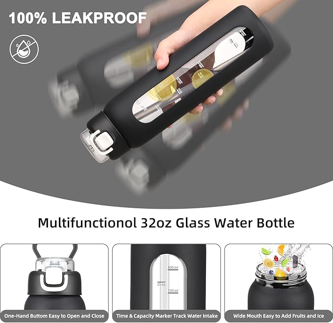 chunmo 32 oz Glass Water Bottles with 2 Lids-Handle Spout Lid & Straw Lid, 1 Liter Motivational Borosilicate Water Bottle with Time Marker and Silicone Sleeve,Leakproof-Black-1 Pack