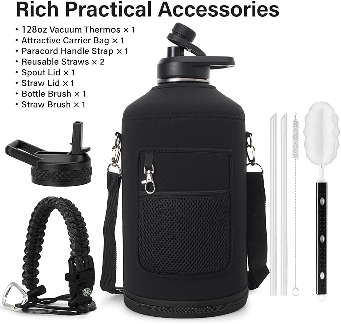 DYSANKY 1 Gallon Water Bottle Insulated | Thickened Stainless Steel Vacuum Metal Water Jug | Portable Sports Large for Gym and Hiking with Straw, Carrier Bag, Handle Strap | BPA-Free 128 oz