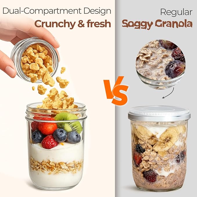 ComSaf Overnight Oats Containers with Lids (16OZ+4OZ, 2PCS) On-The-Go Dual-Laryer Yogurt Parfait Cups with Dry and Wet Separation Mason Jars for Chia Pudding Cereal Nut Fruit Meal Prep Salad