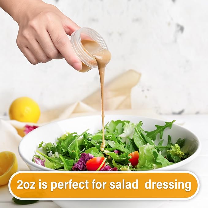 EONJOE 2 oz Plastic Containers with Lids Small Salad Dressing Container To Go Condiment Sauce Dipping Cups Jars Airtight,6-pack