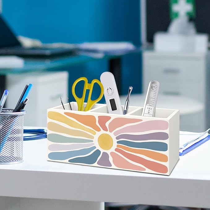 Boho Colorful Sun Sunshine Wooden Utensils Holder, Abstract Mid Century Modern Sun Wood Cooking Utensil Holder Organizer for Kitchen Countertop Counter Decor Accessories