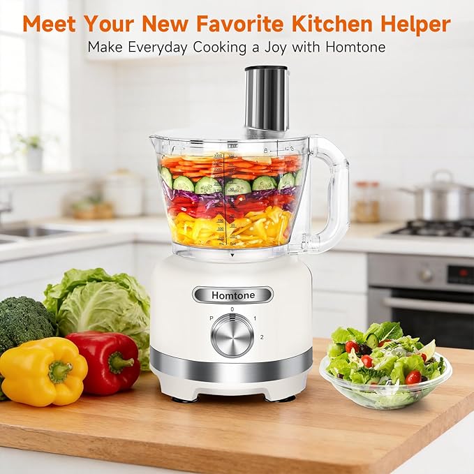 Homtone 16 Cup Food Processor Large, 9-in-1 Vegetable Chopper with 7 Blades for Shredding, Slicing, French Fry Cutting, Meat Grinding, Dough Kneading & Emulsifying, 3 Speeds, Dishwasher Safe, White